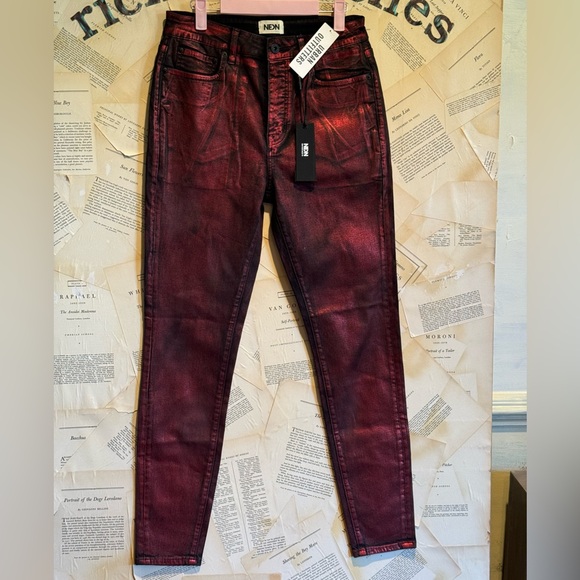 Urban Outfitters Neon Denim Cherry Coated Skinny Jean Metallic Red Black - Picture 6 of 7